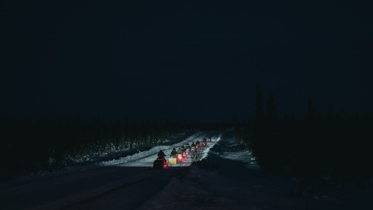 A line of snowmobiles with their tail lights on, moving along a snow track between spruce trees at night in the Canadian Arctic